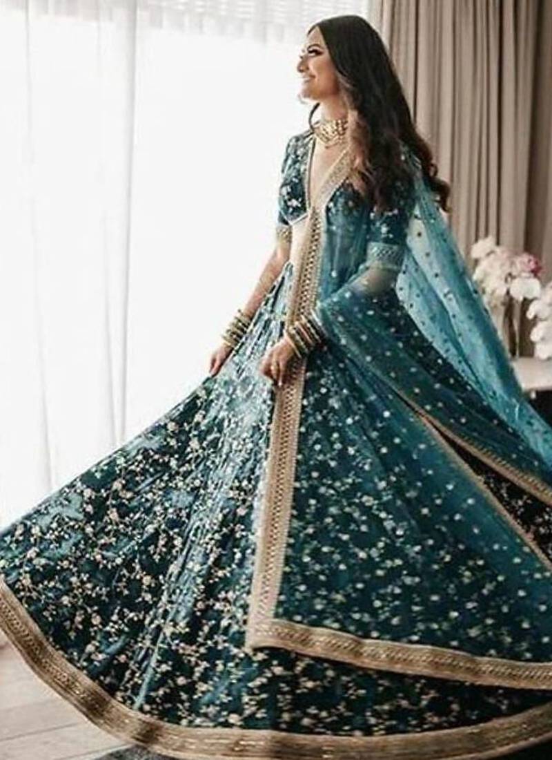 Turquoise Green Heavy Velvet Cording Embroidery Designer Lehenga Choli Set