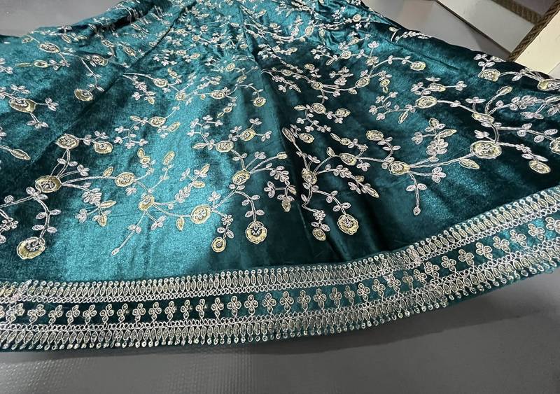 Turquoise Green Heavy Velvet Cording Embroidery Designer Lehenga Choli Set