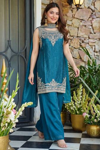 Embroidery Fandy Satin Fabric Straight Kurta Palazzo and Dupatta Set