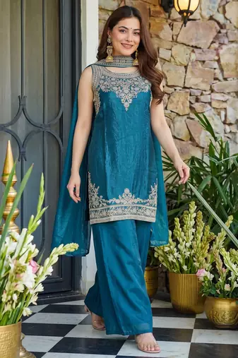 Embroidery Fandy Satin Fabric Straight Kurta Palazzo and Dupatta Set
