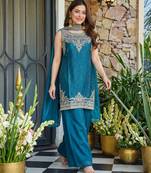 Embroidery Fandy Satin Fabric Straight Kurta Palazzo and Dupatta Set