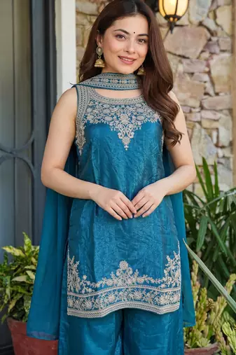 Embroidery Fandy Satin Fabric Straight Kurta Palazzo and Dupatta Set