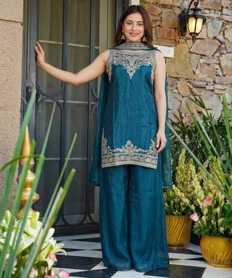 Embroidery Fandy Satin Fabric Straight Kurta Palazzo and Dupatta Set 3