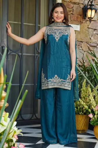 Embroidery Fandy Satin Fabric Straight Kurta Palazzo and Dupatta Set