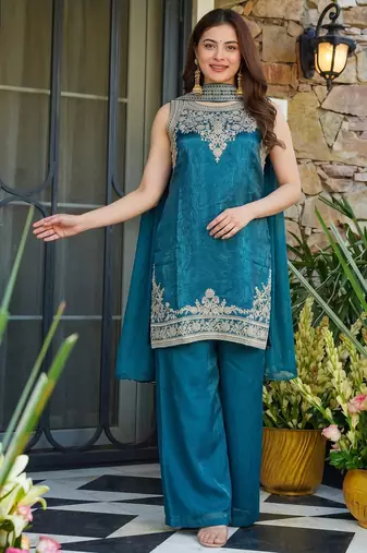 Embroidery Fandy Satin Fabric Straight Kurta Palazzo and Dupatta Set