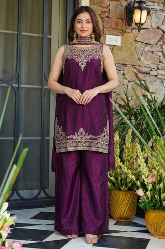 Embroidery Fandy Satin Fabric Straight Kurta Palazzo and Dupatta Set