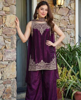 Embroidery Fandy Satin Fabric Straight Kurta Palazzo and Dupatta Set 2