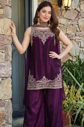 Embroidery Fandy Satin Fabric Straight Kurta Palazzo and Dupatta Set