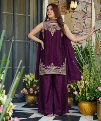 Embroidery Fandy Satin Fabric Straight Kurta Palazzo and Dupatta Set 3
