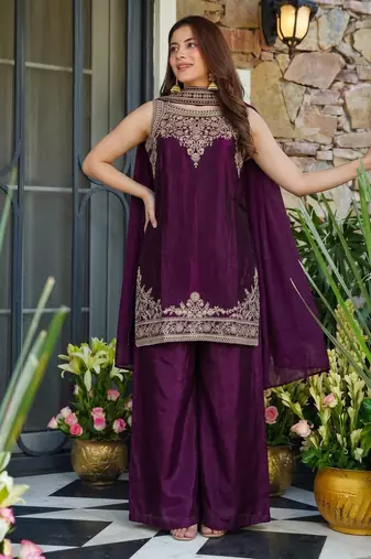 Embroidery Fandy Satin Fabric Straight Kurta Palazzo and Dupatta Set