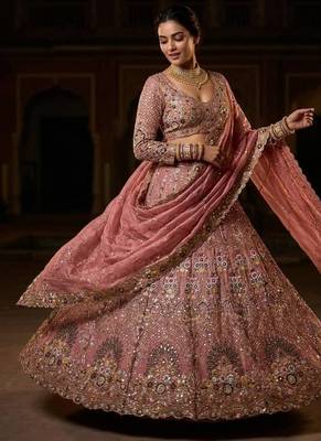 onion pink Embroidery Sequins With Cancan silk blend Lehenga Choli Set 1
