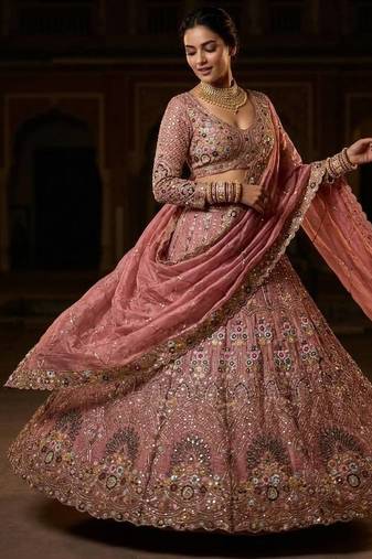 onion pink Embroidery Sequins With Cancan silk blend Lehenga Choli Set