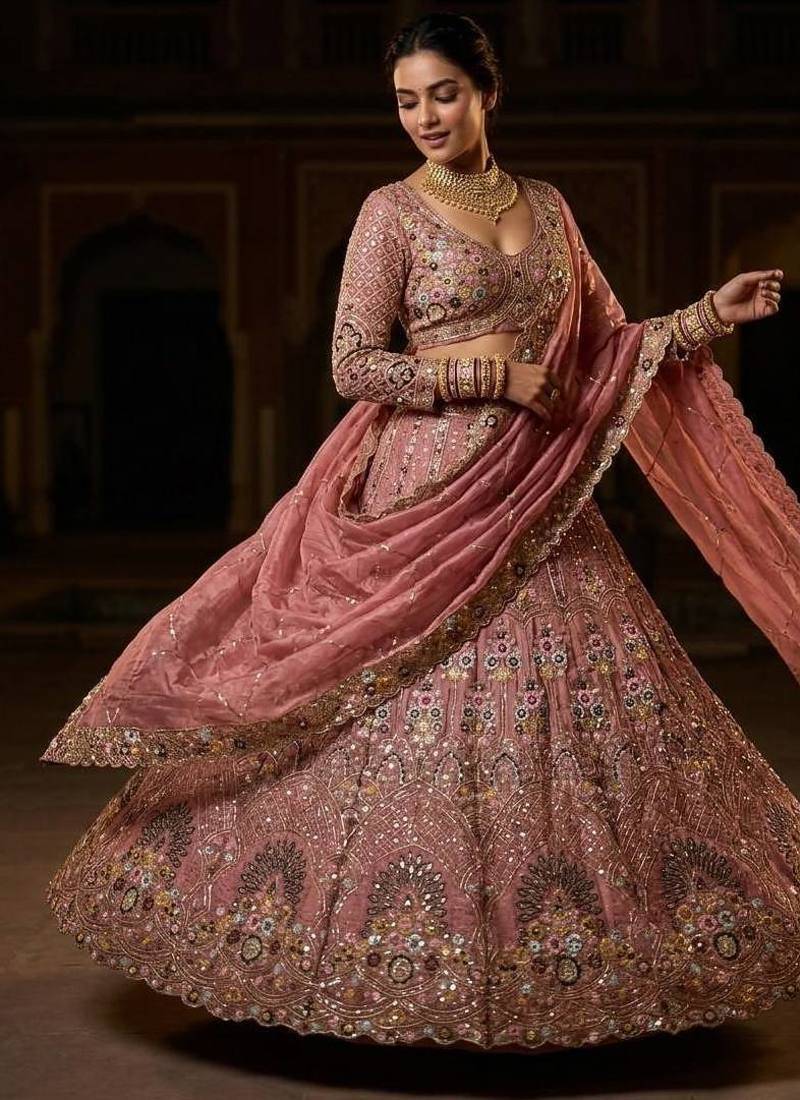 onion pink Embroidery Sequins With Cancan silk blend Lehenga Choli Set