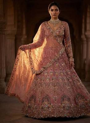 onion pink Embroidery Sequins With Cancan silk blend Lehenga Choli Set 2