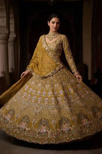yellow Embroidery Sequins With Cancan silk blend Lehenga Choli Set