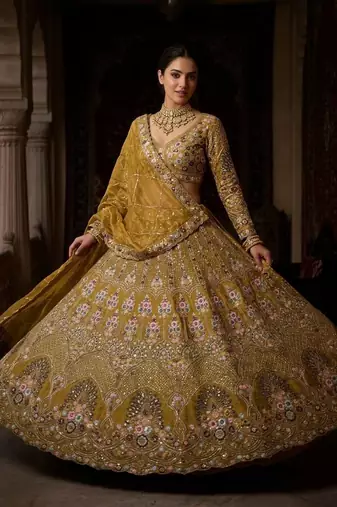 yellow Embroidery Sequins With Cancan silk blend Lehenga Choli Set