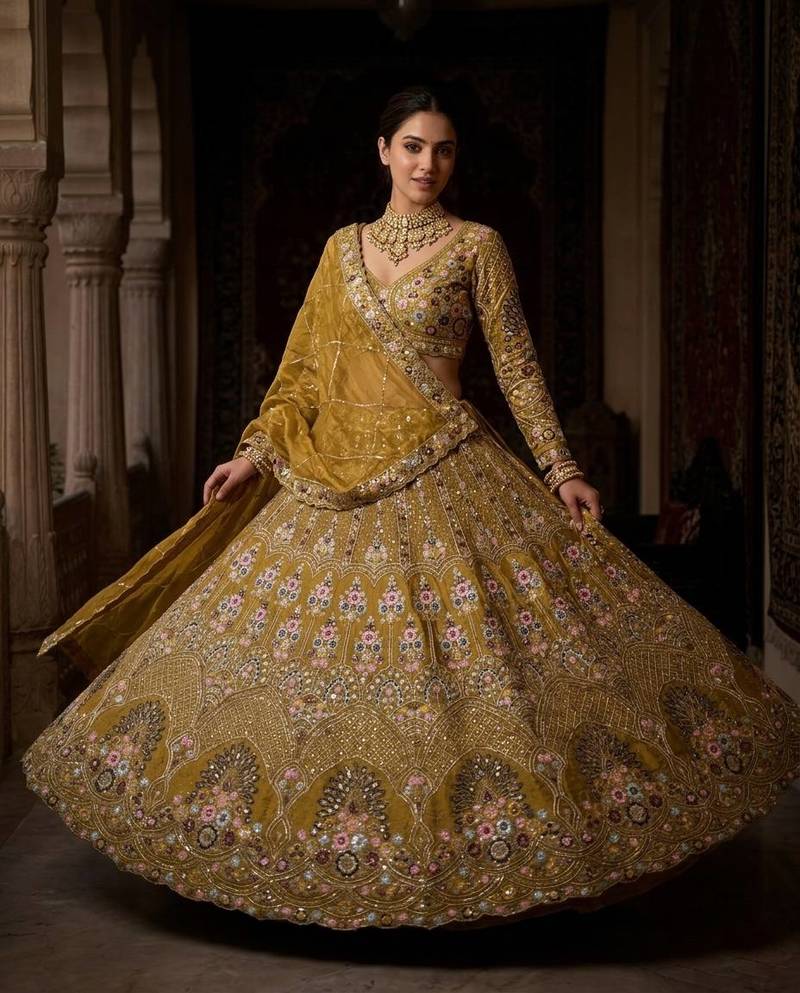 yellow Embroidery Sequins With Cancan silk blend Lehenga Choli Set