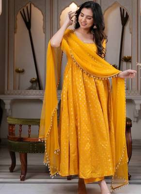 Yellwo chanderi silk  party wear embroidery anarkali suit set 2