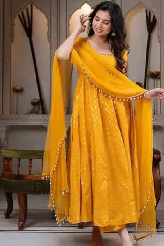Yellwo chanderi silk  party wear embroidery anarkali suit set