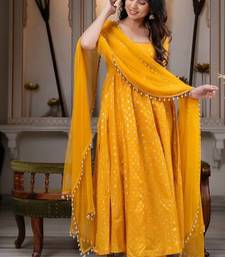 Yellwo chanderi silk  party wear embroidery anarkali suit set