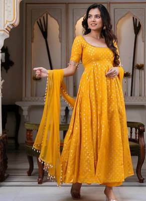 Yellwo chanderi silk  party wear embroidery anarkali suit set 3