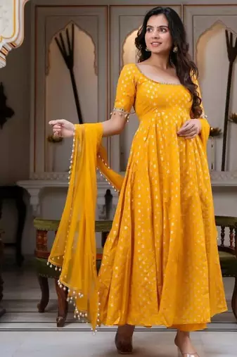 Yellwo chanderi silk  party wear embroidery anarkali suit set