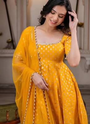 Yellwo chanderi silk  party wear embroidery anarkali suit set 4
