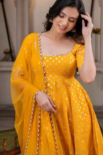 Yellwo chanderi silk  party wear embroidery anarkali suit set