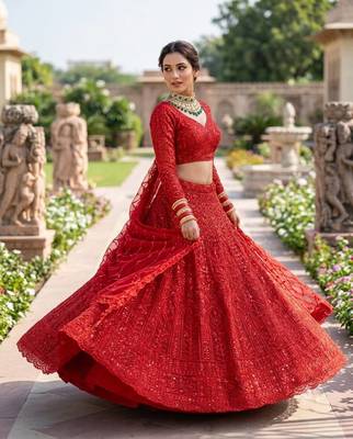 red Coding Sequins With Cancan net Lehenga Choli Set 1