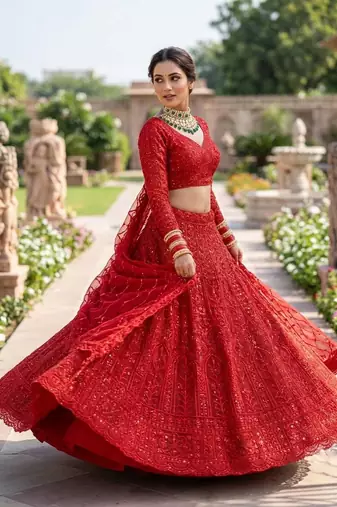 red Coding Sequins With Cancan net Lehenga Choli Set