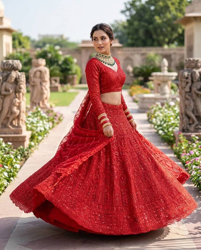 red Coding Sequins With Cancan net Lehenga Choli Set