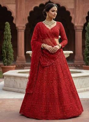 red Coding Sequins With Cancan net Lehenga Choli Set 2