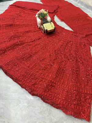 red Coding Sequins With Cancan net Lehenga Choli Set 4