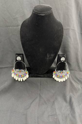 Oxidised Silver Multicolor Chandbali Earrings with Cowrie Shell Drops for Women, Navratri Garba Tribal Jewellery Set