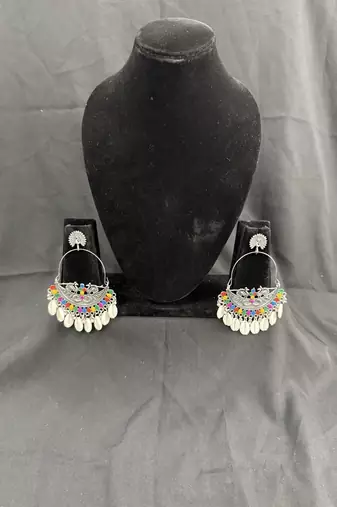 Oxidised Silver Multicolor Chandbali Earrings with Cowrie Shell Drops for Women, Navratri Garba Tribal Jewellery Set