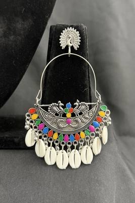 Oxidised Silver Multicolor Chandbali Earrings with Cowrie Shell Drops for Women, Navratri Garba Tribal Jewellery Set 2
