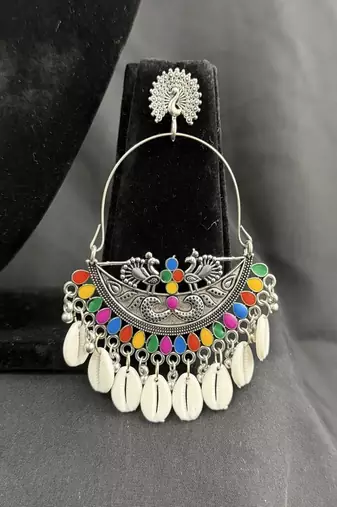 Oxidised Silver Multicolor Chandbali Earrings with Cowrie Shell Drops for Women, Navratri Garba Tribal Jewellery Set