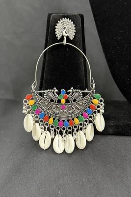 Oxidised Silver Multicolor Chandbali Earrings with Cowrie Shell Drops for Women, Navratri Garba Tribal Jewellery Set 3