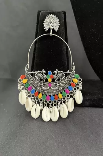 Oxidised Silver Multicolor Chandbali Earrings with Cowrie Shell Drops for Women, Navratri Garba Tribal Jewellery Set