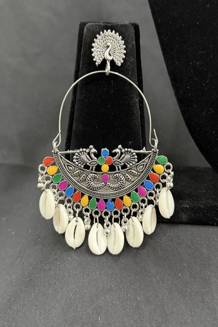 Oxidised Silver Multicolor Chandbali Earrings with Cowrie Shell Drops for Women, Navratri Garba Tribal Jewellery Set
