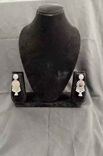 Oxidised Silver Peach Stone Drop Earrings for Women, Traditional Tribal Ethnic Earrings for Navratri Garba