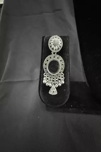Oxidised Silver Peach Stone Drop Earrings for Women, Traditional Tribal Ethnic Earrings for Navratri Garba