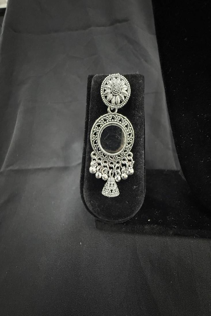 Oxidised Silver Peach Stone Drop Earrings for Women, Traditional Tribal Ethnic Earrings for Navratri Garba