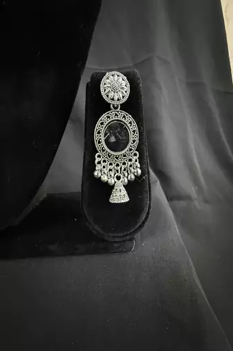 Oxidised Silver Peach Stone Drop Earrings for Women, Traditional Tribal Ethnic Earrings for Navratri Garba