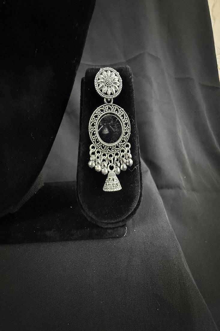 Oxidised Silver Peach Stone Drop Earrings for Women, Traditional Tribal Ethnic Earrings for Navratri Garba