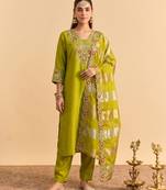 Embroidery Silk Blend Fabric Straight Kurta Pant and Dupatta Set