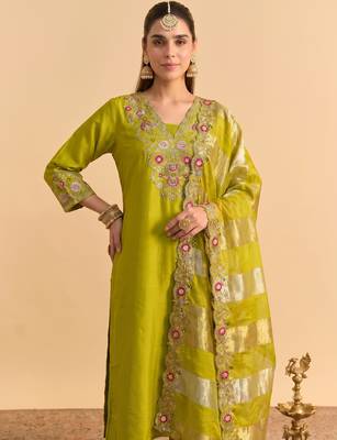 Embroidery Silk Blend Fabric Straight Kurta Pant and Dupatta Set 5