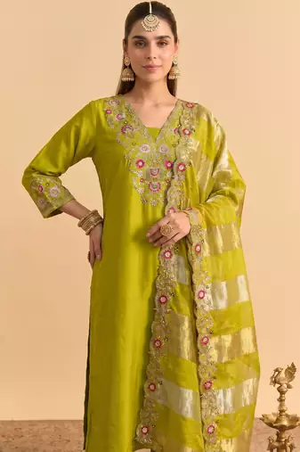 Embroidery Silk Blend Fabric Straight Kurta Pant and Dupatta Set
