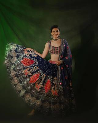 Navy Blue Color Beautiful digital print & Real mirror work Cotton Navratri Blend Lahenga Choli Set 2