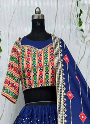 Navy Blue Color Beautiful digital print & Real mirror work Cotton Navratri Blend Lahenga Choli Set 3